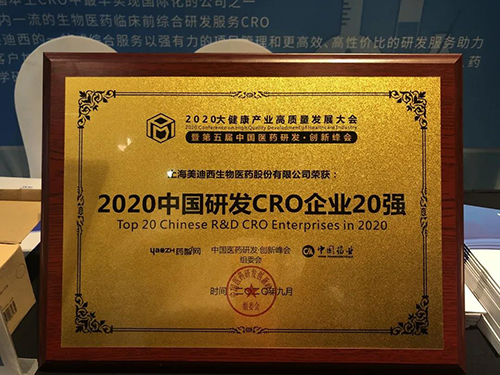 2020中国研发CRO企业20强 ag亚娱