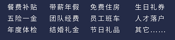 ag亚娱员工福利：餐费补贴、五险一金、年度体检、带薪年假、团队经费、结婚礼金、免费住房、员工班车、节日礼品、生日礼券、人才落户、其它……